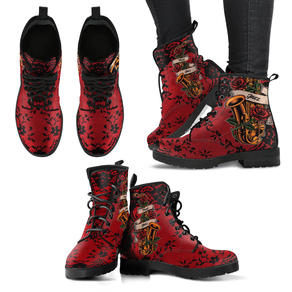 Combat Boots - Saxophone Art #12 Red | Player Mood Jazz