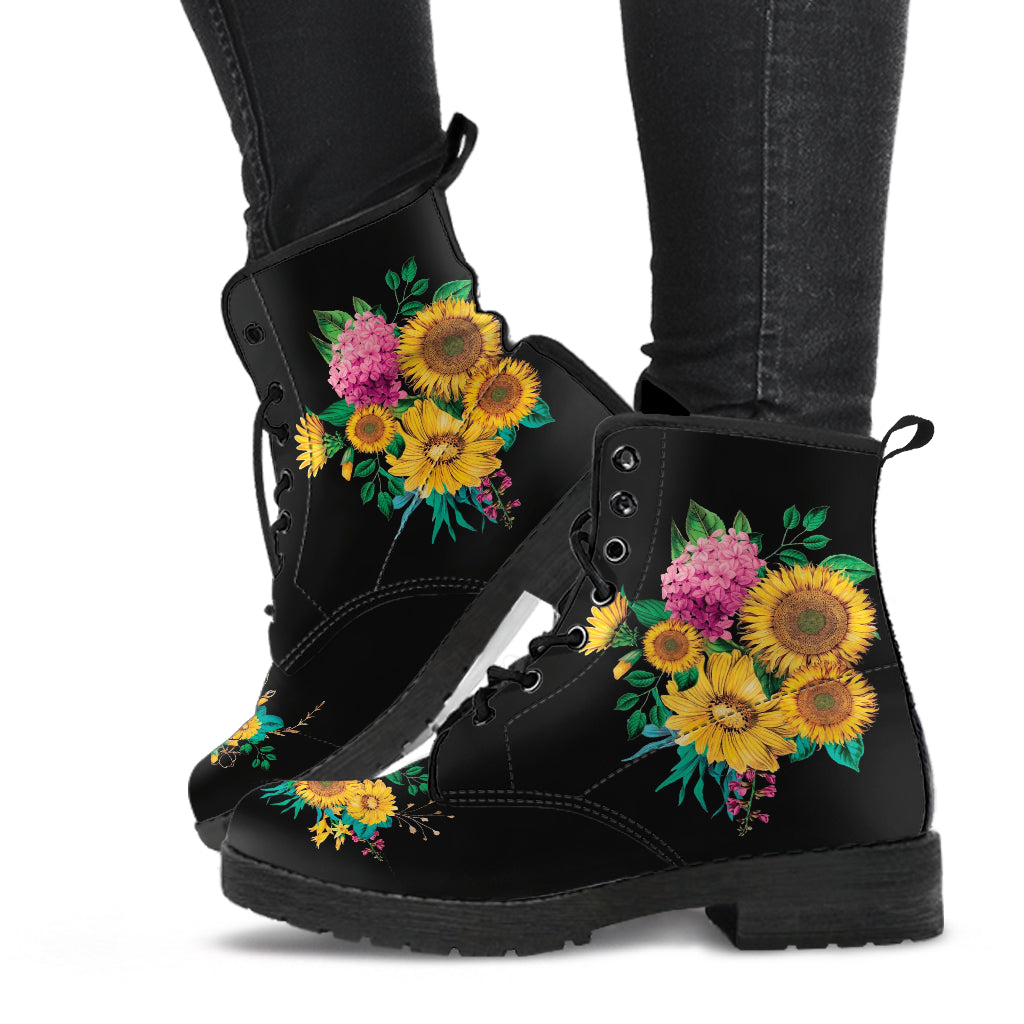 Combat Boots - Sunflowers #11 | Women’s Black Boots