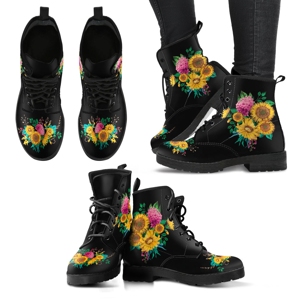 Combat Boots - Sunflowers #11 | Women’s Black Boots