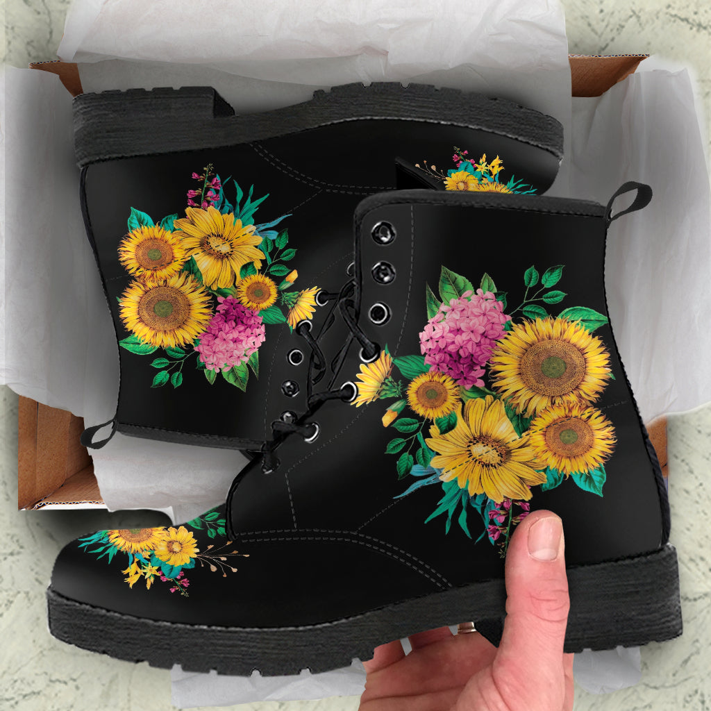 Combat Boots - Sunflowers #11 | Women’s Black Boots