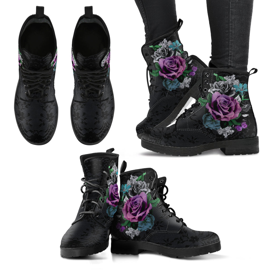 Combat Boots - Vintage Purple Flowers with Black Lace Print