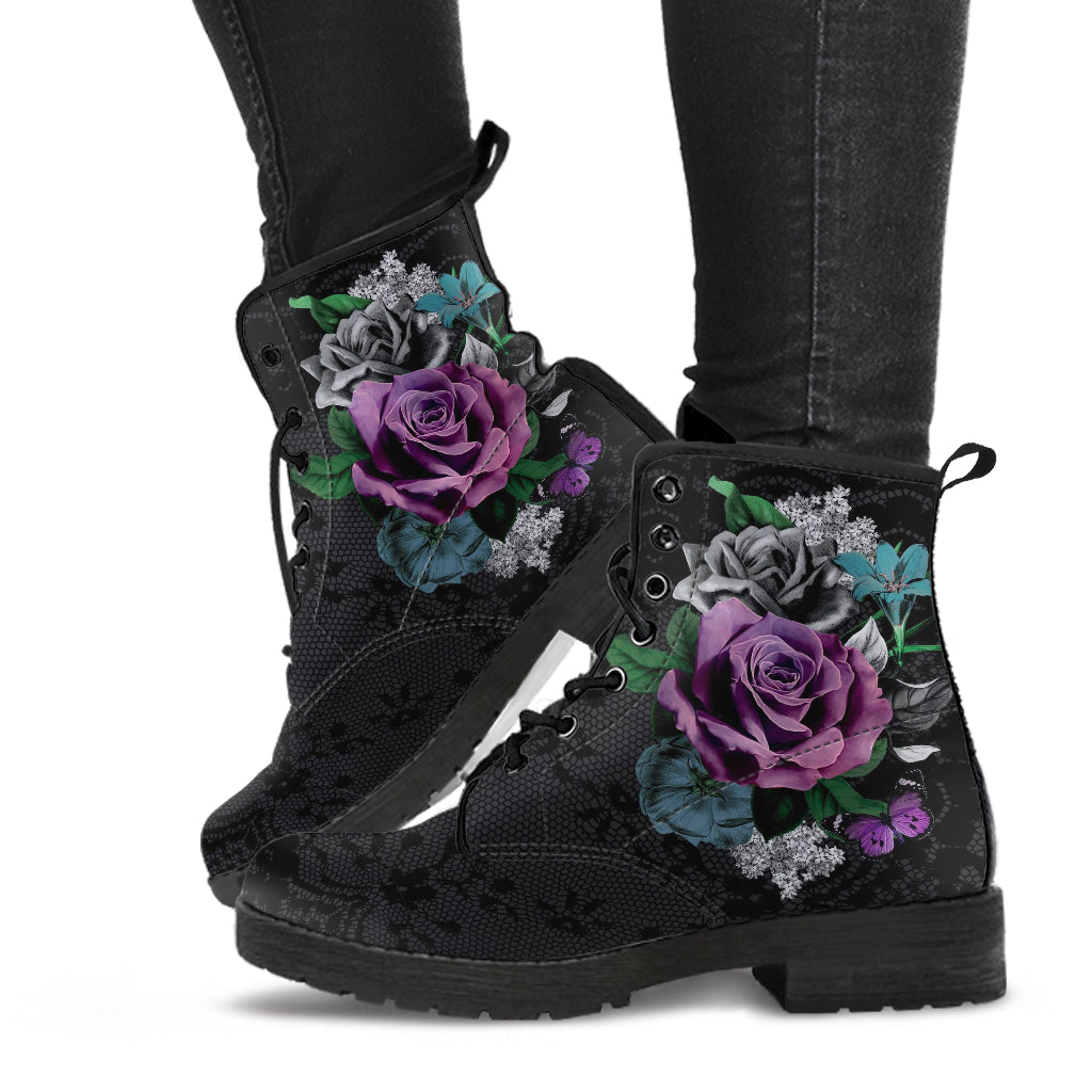 Combat Boots - Vintage Purple Flowers with Black Lace Print