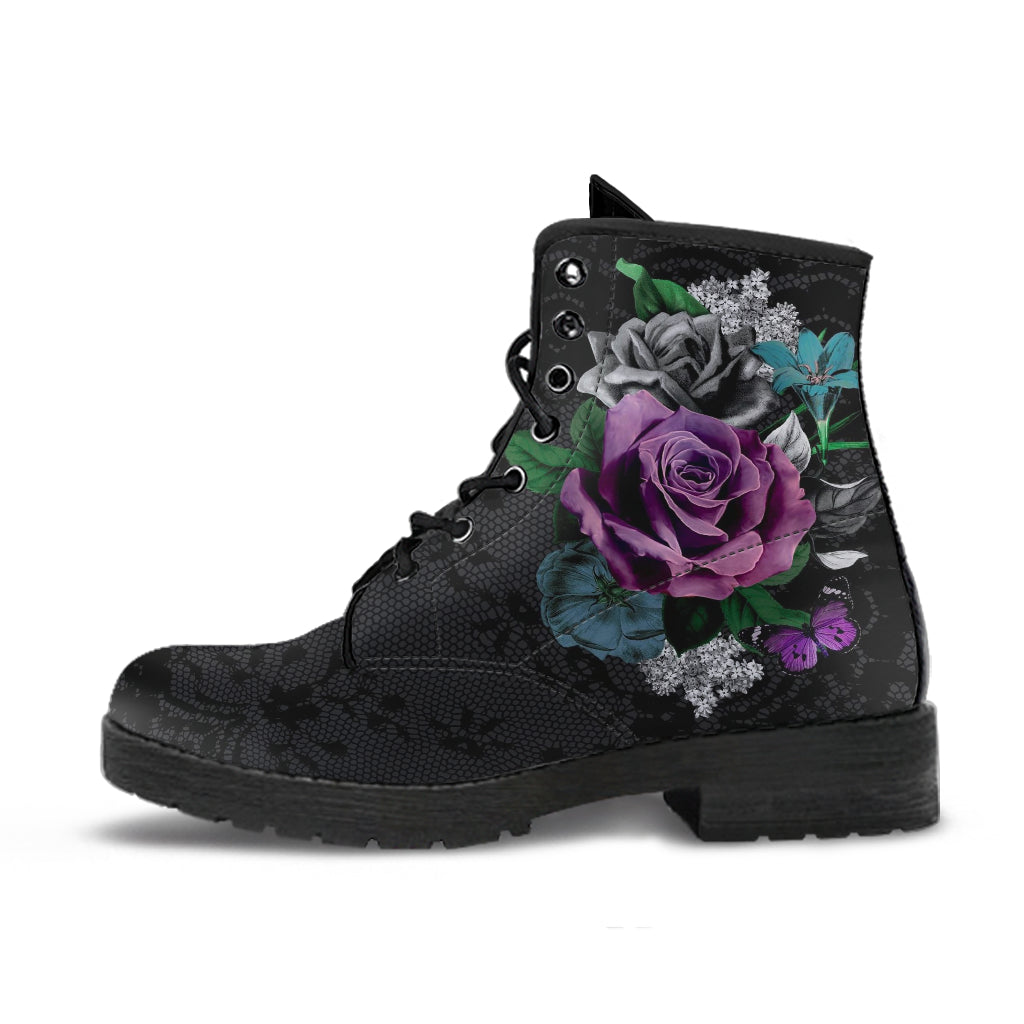 Combat Boots - Vintage Purple Flowers with Black Lace Print