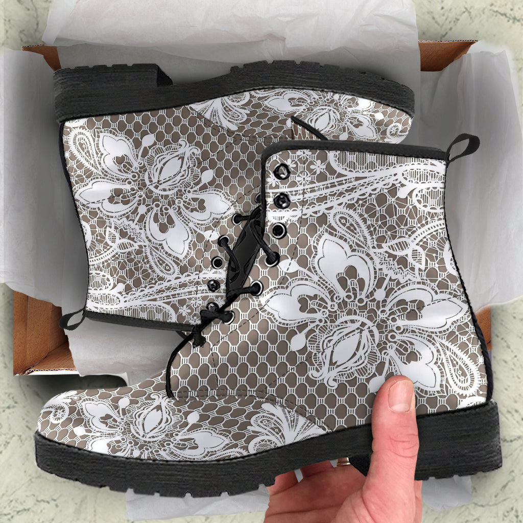 Combat Boots - White Lace Print #201 | Custom Shoes Women’s