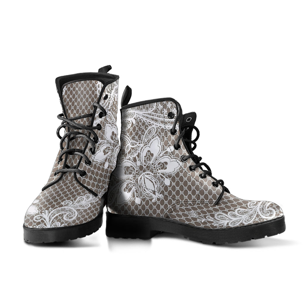 Combat Boots - White Lace Print #201 | Custom Shoes Women’s
