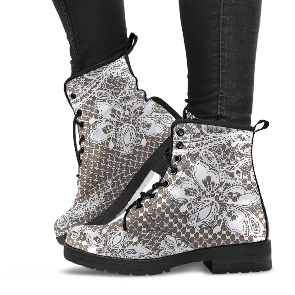 Combat Boots - White Lace Print #201 | Custom Shoes Women’s