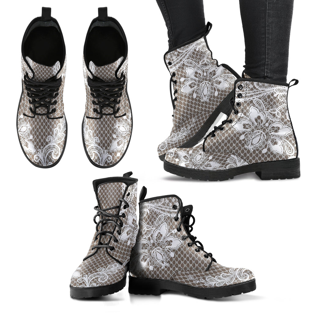 Combat Boots - White Lace Print #201 | Custom Shoes Women’s