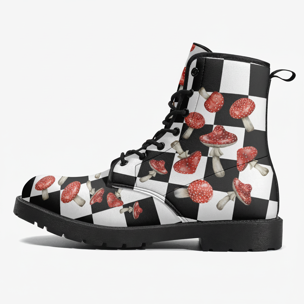 Boots with a checkered pattern and mushroom design on a white background
