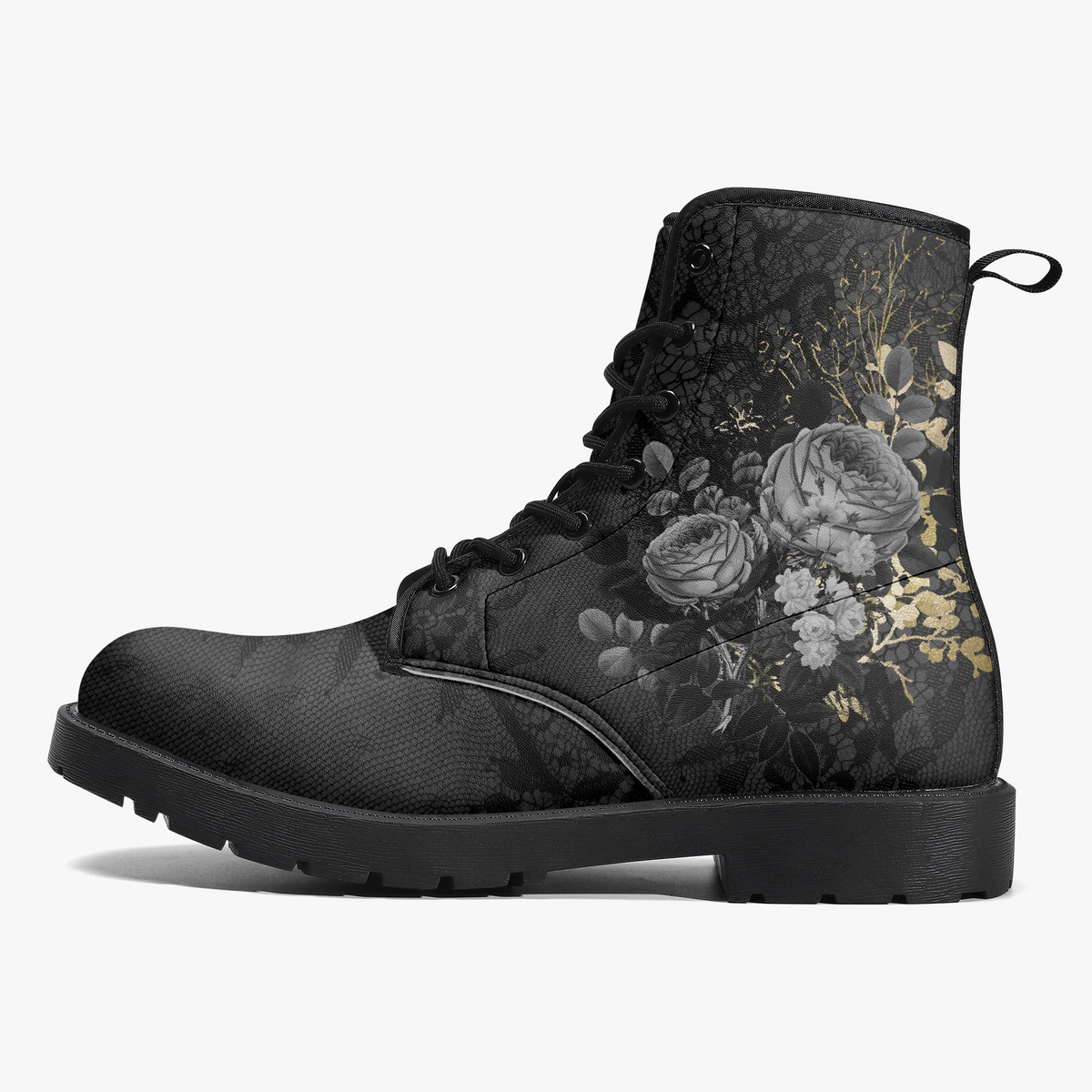 Combat Boots - Beautiful Flowers #108 Gray | Kawaii Cute Aesthetic Vegan Leather Handmade, Custom Shoes, Gift Idea, Wedding Shoes Bridal