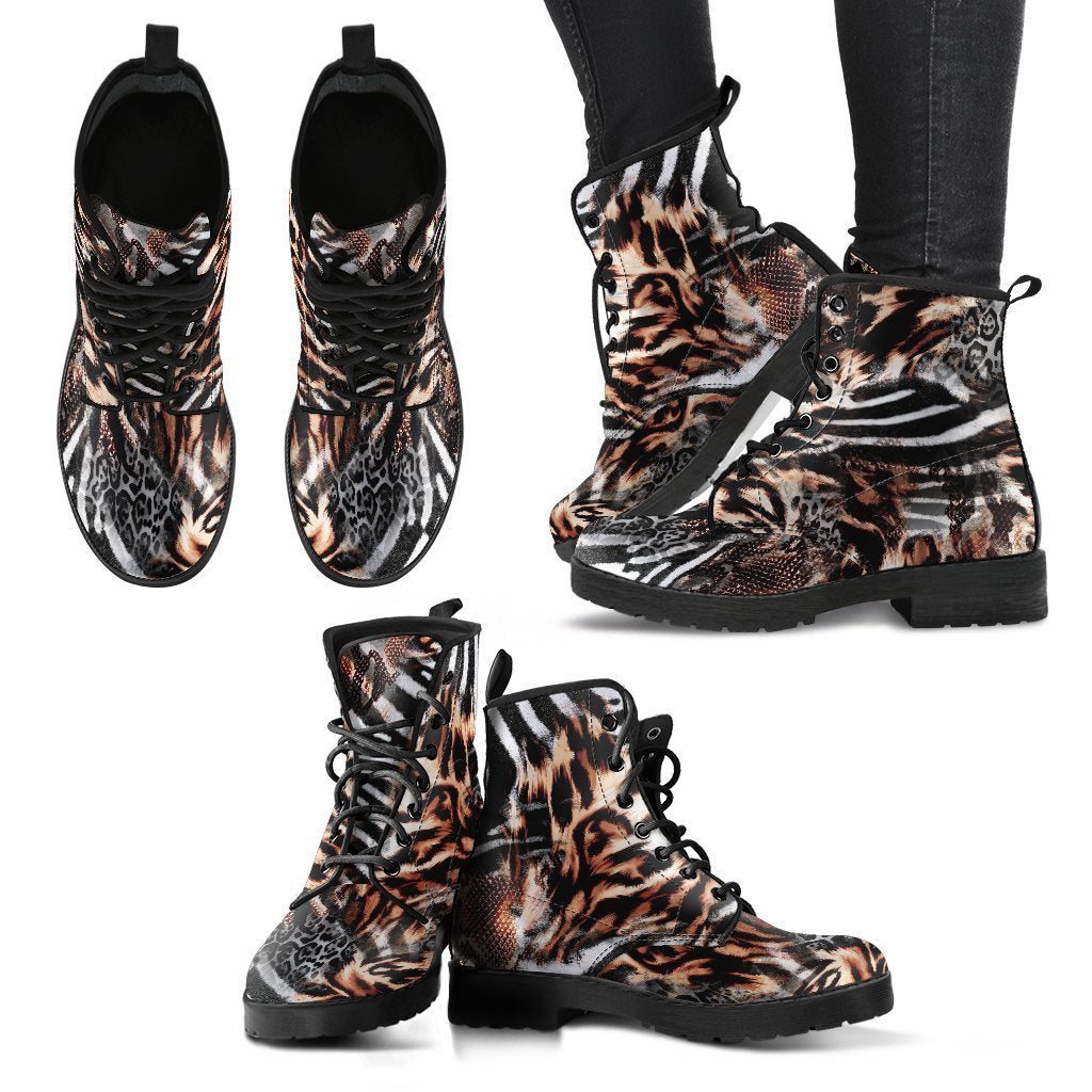 Fashion Combat Boots - Distressed Animal Print #102 | Vegan