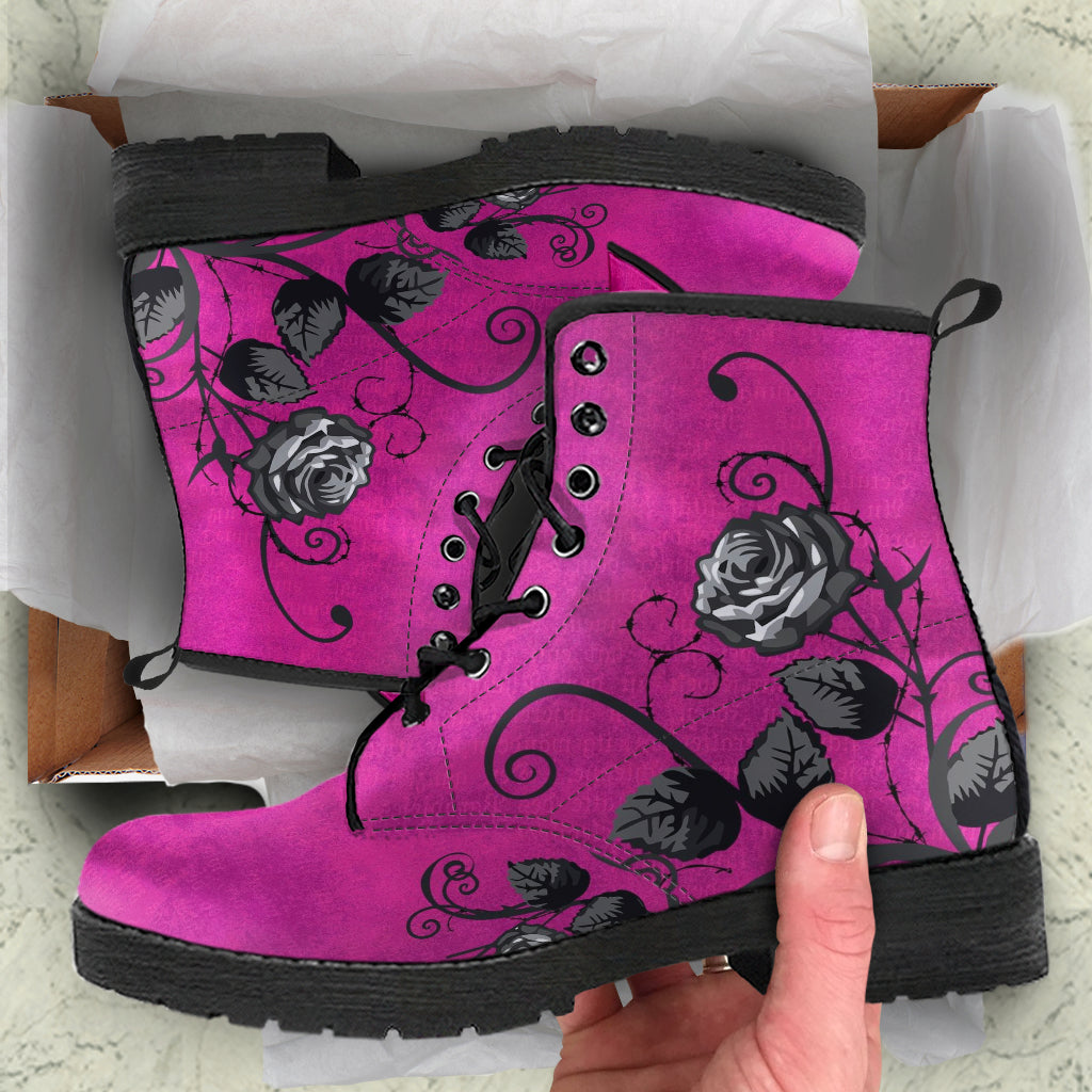 Pink Combat Boots - Gray Roses in Grunge Pink | 2000s Boots