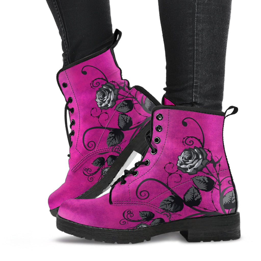 Pink Combat Boots - Gray Roses in Grunge Pink | 2000s Boots