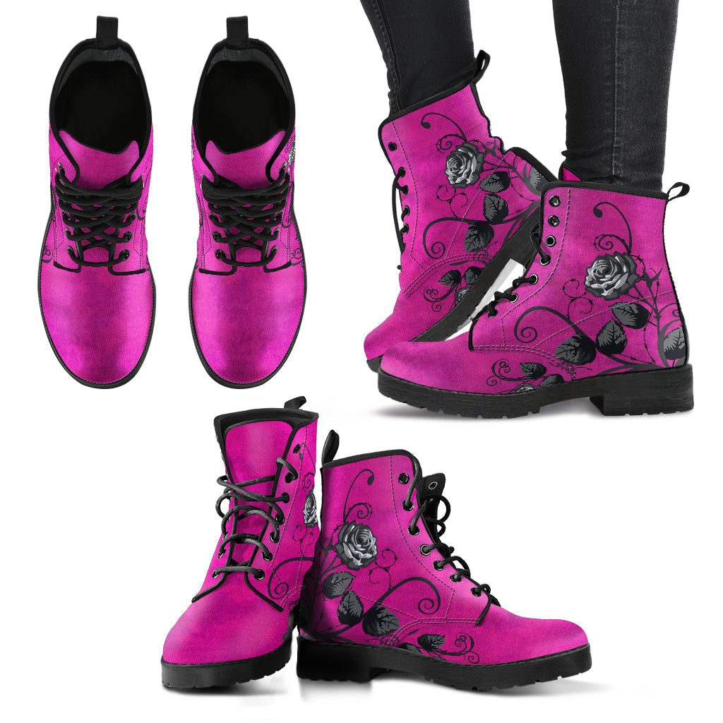Pink Combat Boots - Gray Roses in Grunge Pink | 2000s Boots