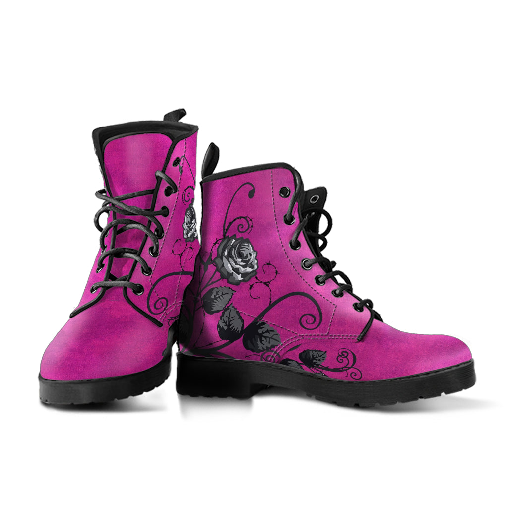 Pink Combat Boots - Gray Roses in Grunge Pink | 2000s Boots