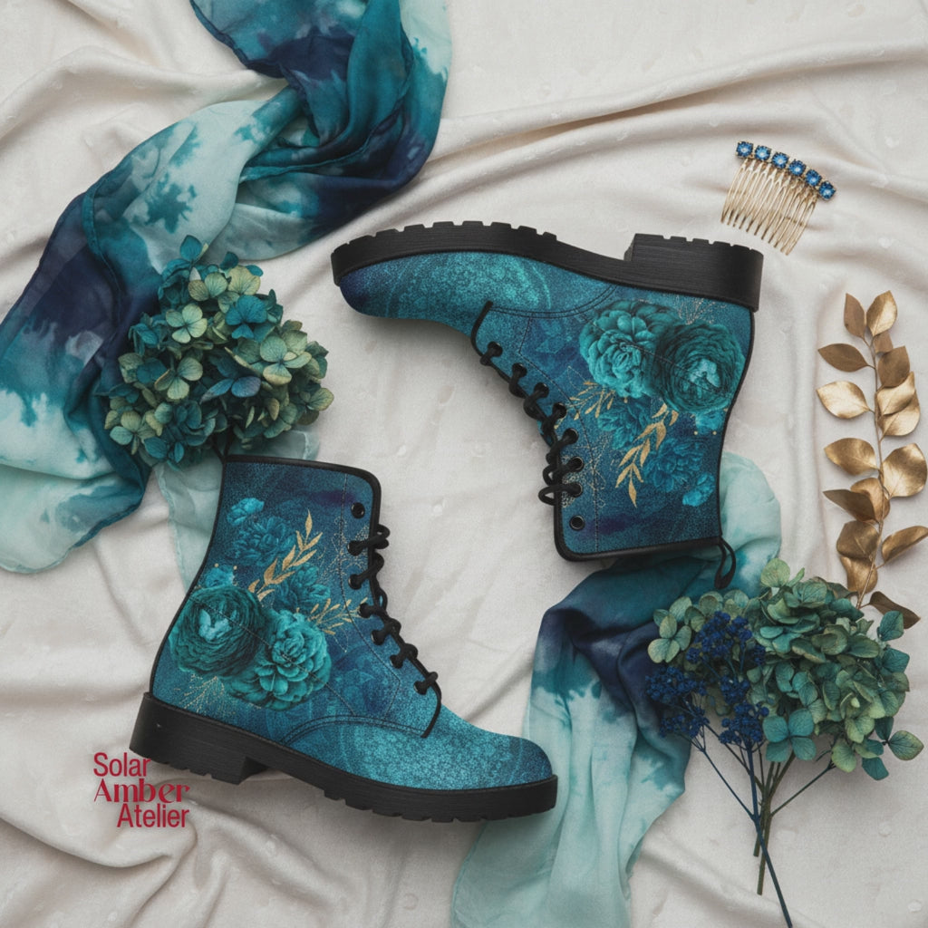 Combat Boots - Beautiful Flowers #110 Green | Cute Aesthetic Custom Shoes for Women, Wedding Bride Shoes, Vegan Leather 90s Boots