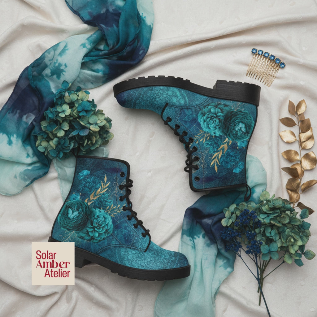 Combat Boots - Beautiful Flowers #110 Green | Cute Aesthetic Custom Shoes for Women, Wedding Bride Shoes, Vegan Leather 90s Boots
