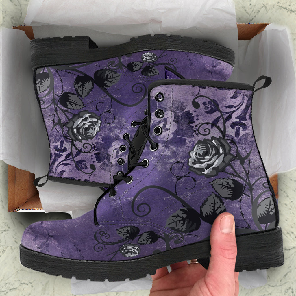 Purple Combat Boots - Gray Roses Dark Grunge Purple| Purple