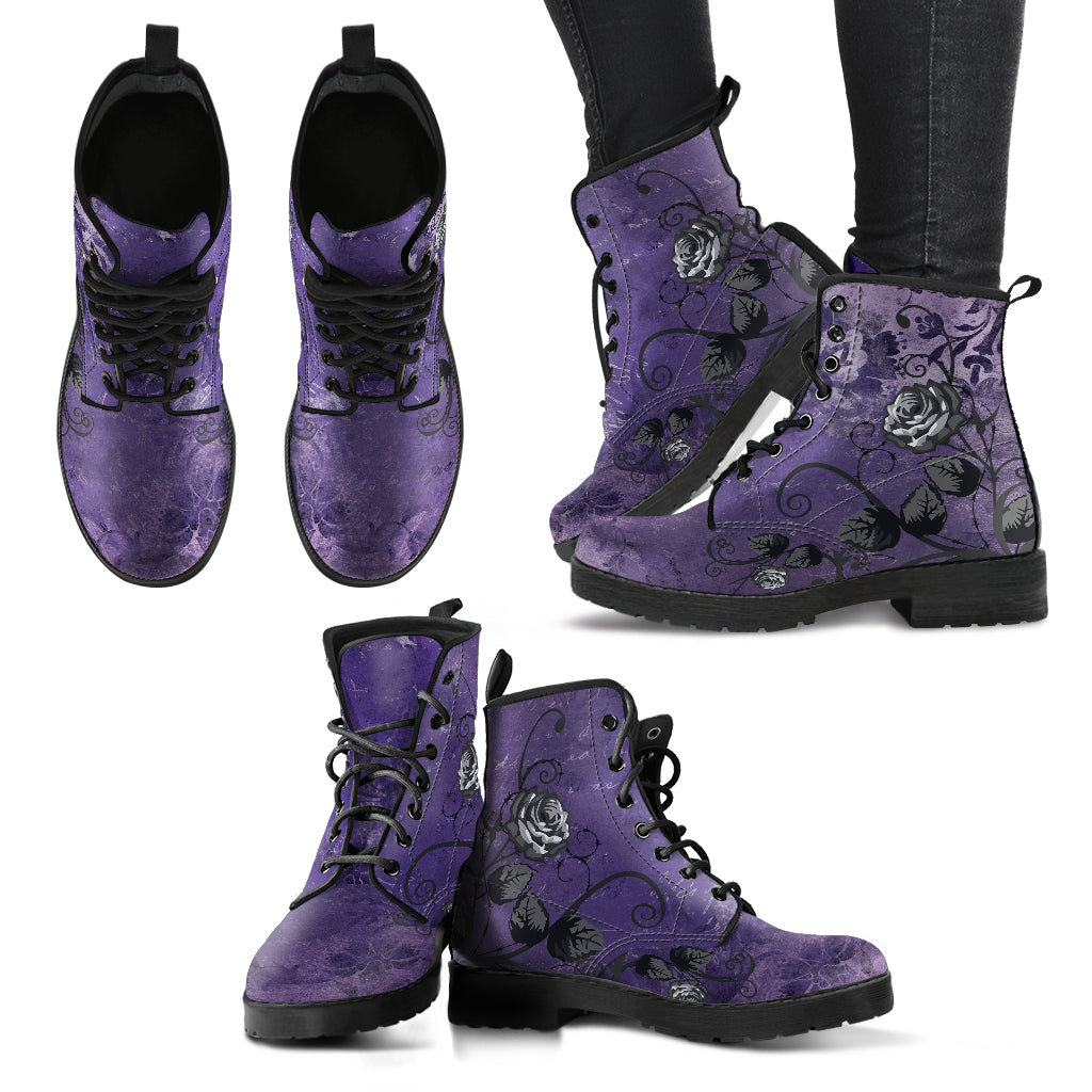 Purple Combat Boots - Gray Roses Dark Grunge Purple| Purple