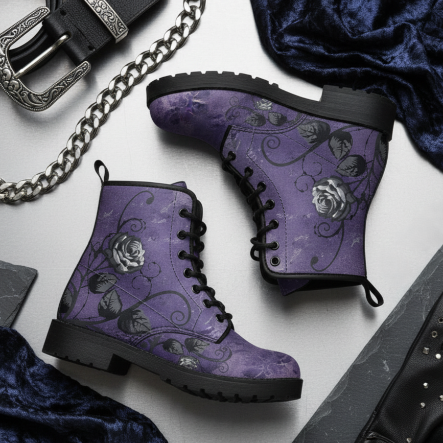 Purple Combat Boots - Gray Roses Dark Grunge Purple| Purple