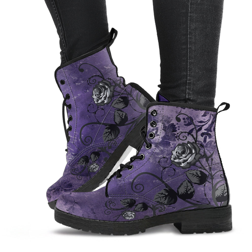 Purple Combat Boots - Gray Roses Dark Grunge Purple| Purple