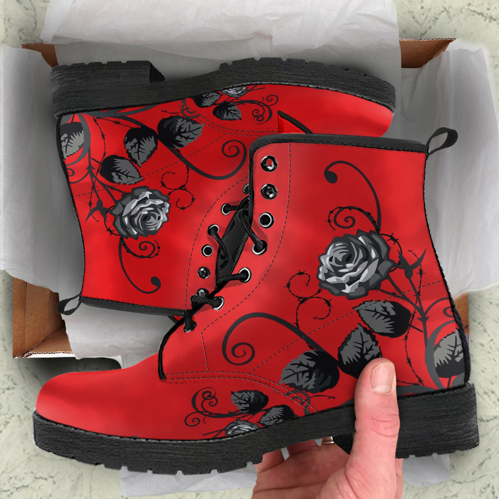 Red Combat Boots - Gray Roses | Red Boots Boho Shoes