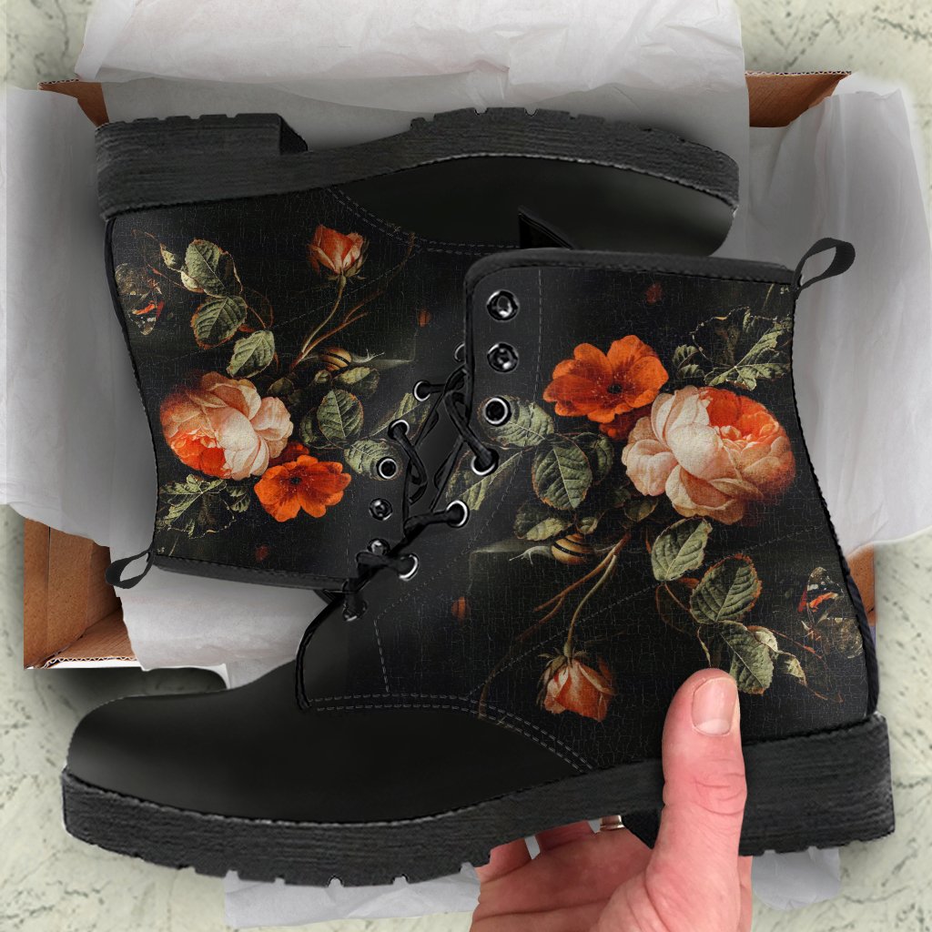 Combat Boots - Distressed Vintage Flower Art | Boho Shoes
