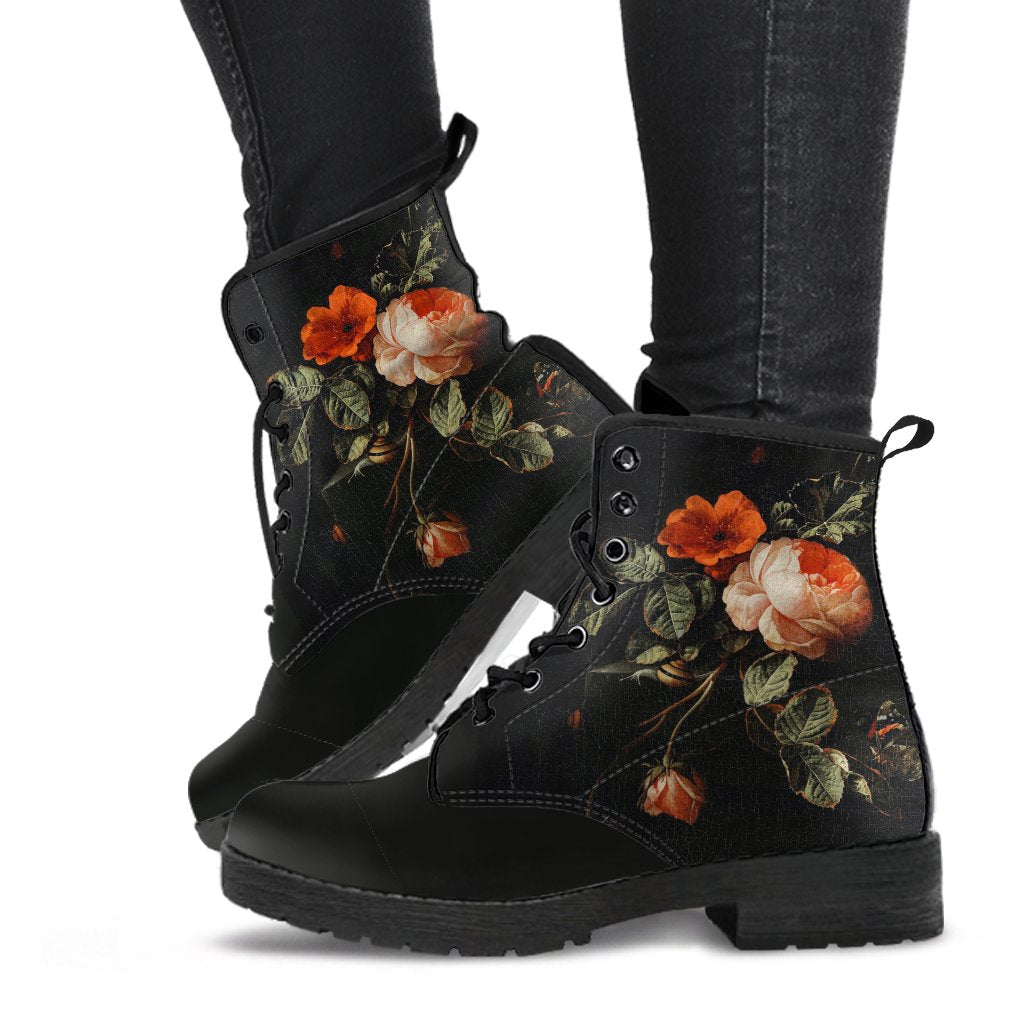 Combat Boots - Distressed Vintage Flower Art | Boho Shoes