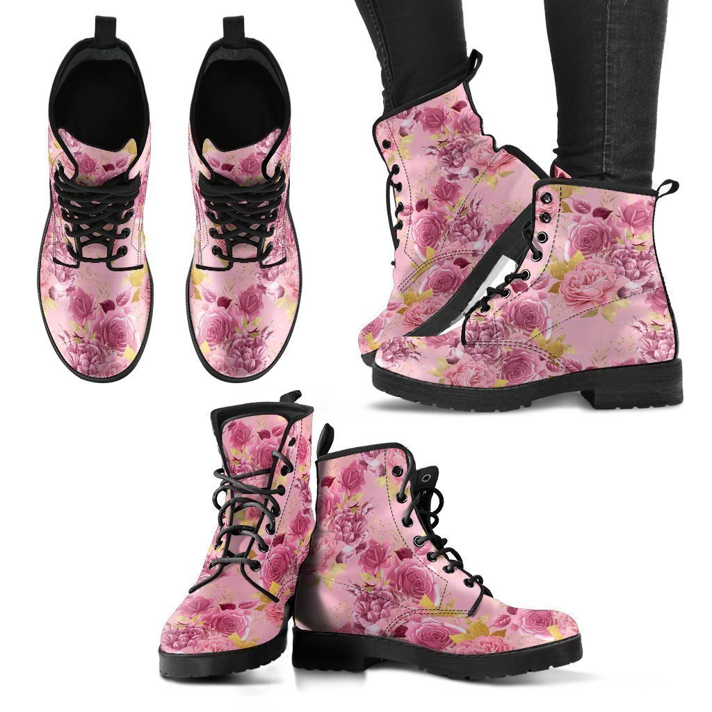 Combat Boots - Floral Pattern #102 | Blush Pink Flat Shoes 