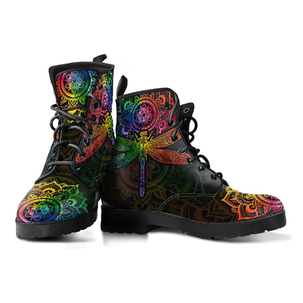 Combat Boots for Women - Mandala Dragonfly Chakra Color