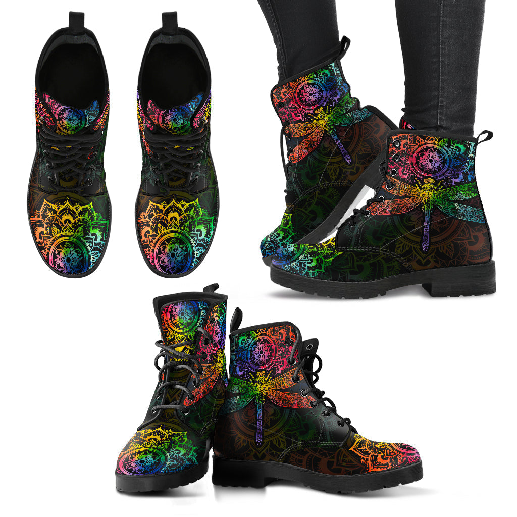 Combat Boots for Women - Mandala Dragonfly Chakra Color
