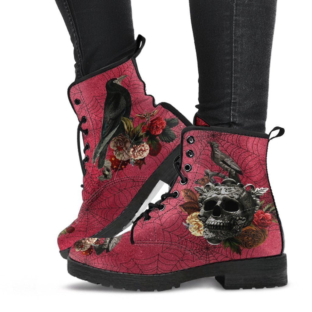 Combat Boots - Goth Shoes #32 Red Spiderweb Boots | Vegan 