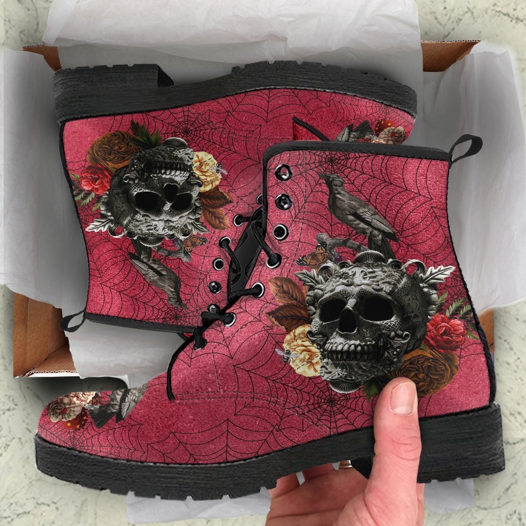 Combat Boots - Goth Shoes #32 Red Spiderweb Boots | Vegan 