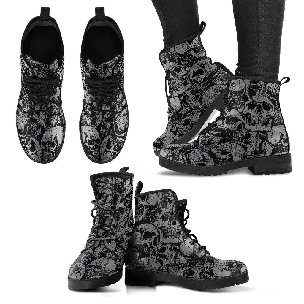 Combat Boots - Goth Shoes #43 Gray Skulls | Handmade Boots