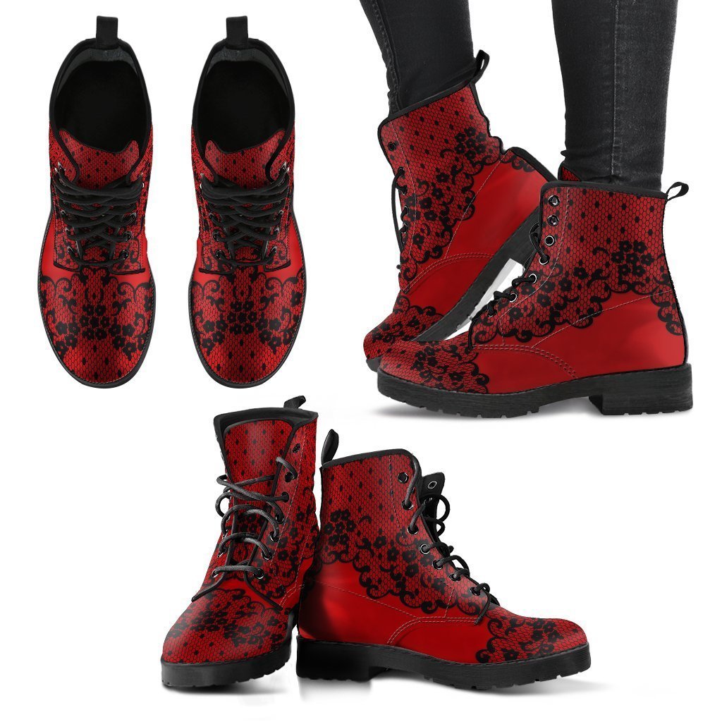Combat Boots-Gothic Lace Print 102 Red | ACES INFINITY