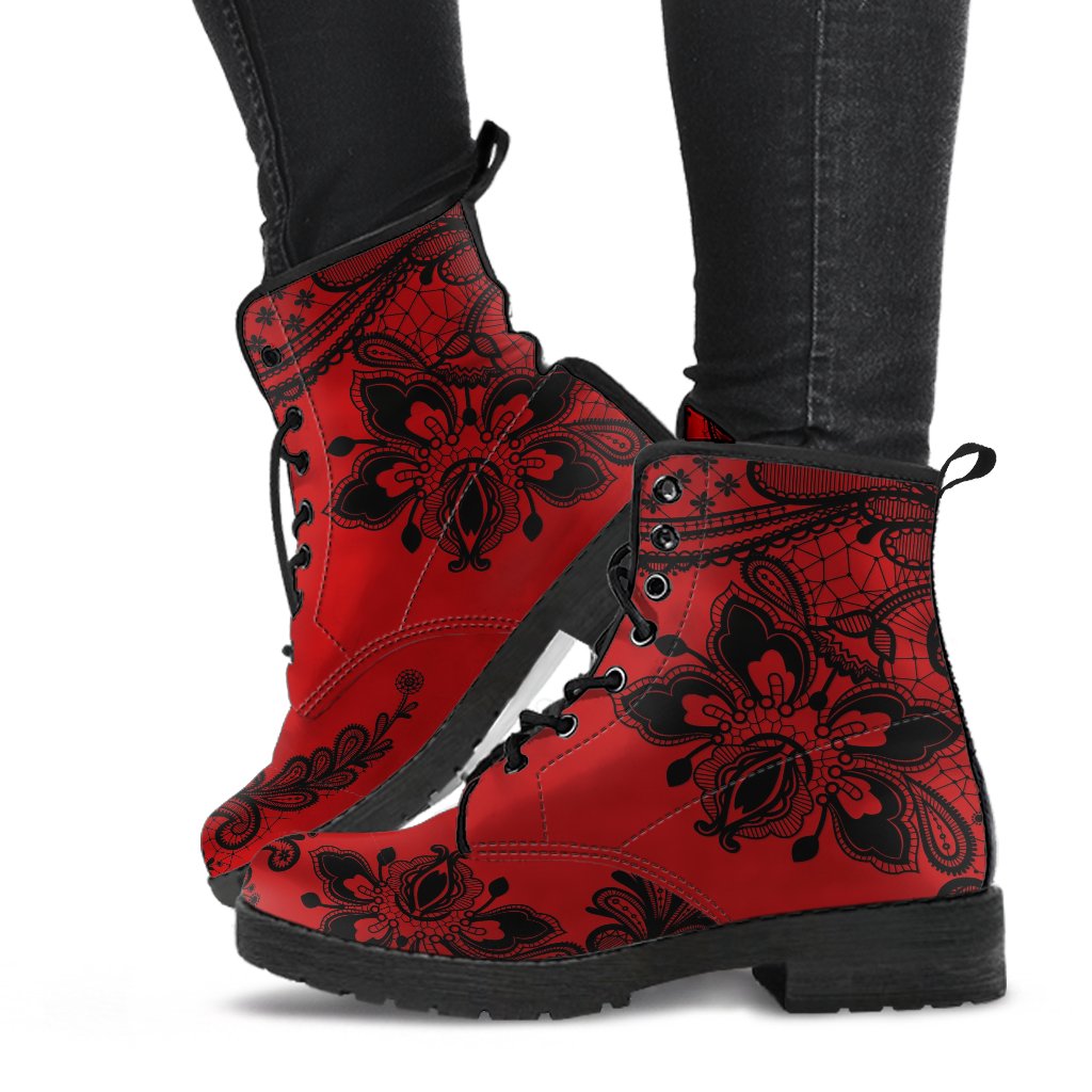 Combat Boots-Gothic Lace Print 103 Red | ACES INFINITY