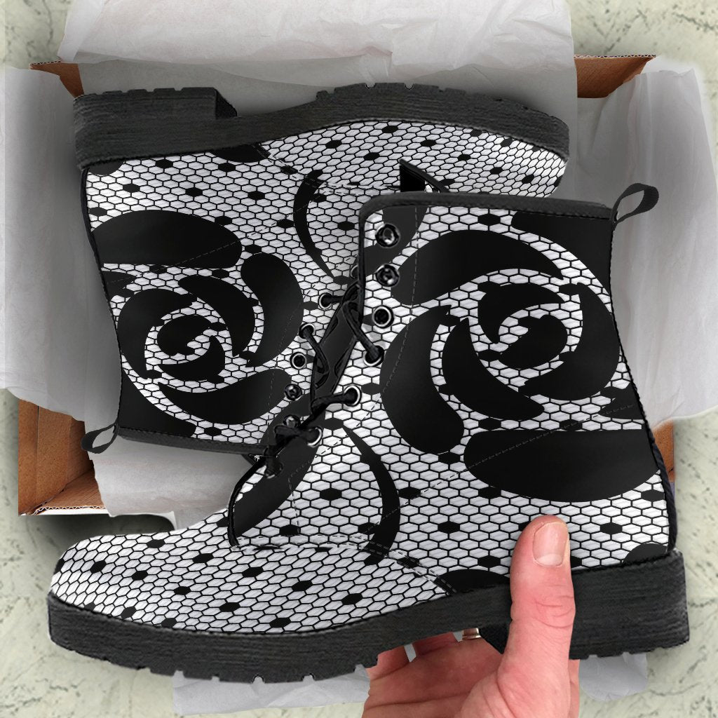 Combat Boots-Gothic Lace Print 104 White | ACES INFINITY