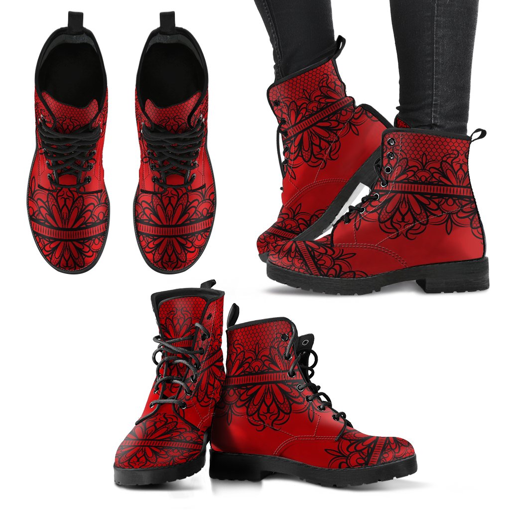 Combat Boots-Gothic Lace Print 108 Red | ACES INFINITY