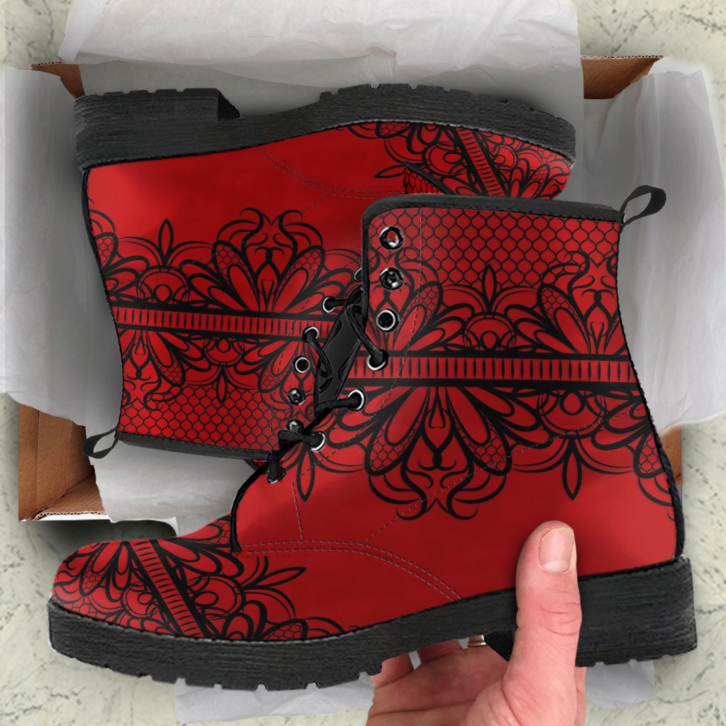 Combat Boots-Gothic Lace Print 108 Red | ACES INFINITY