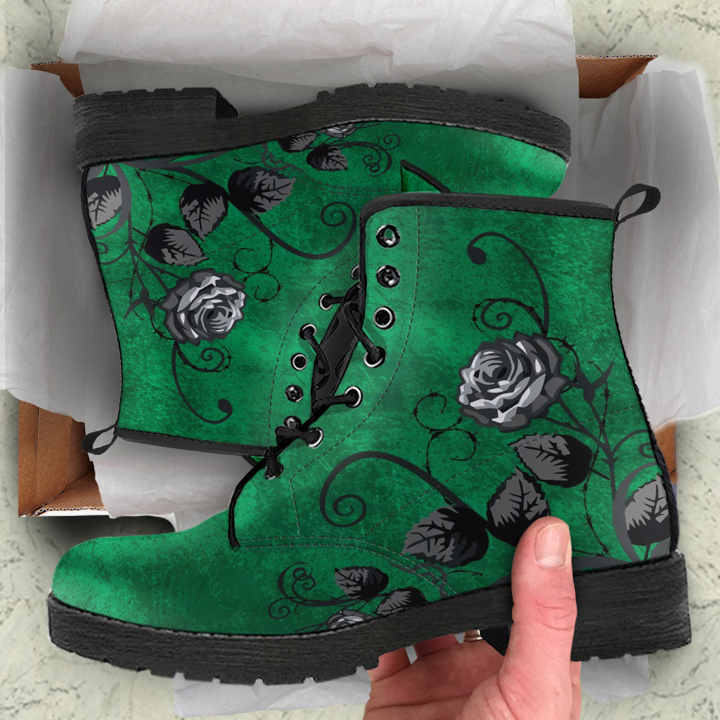 Combat Boots - Gray Roses Grunge Green | Cruelty-free Vegan