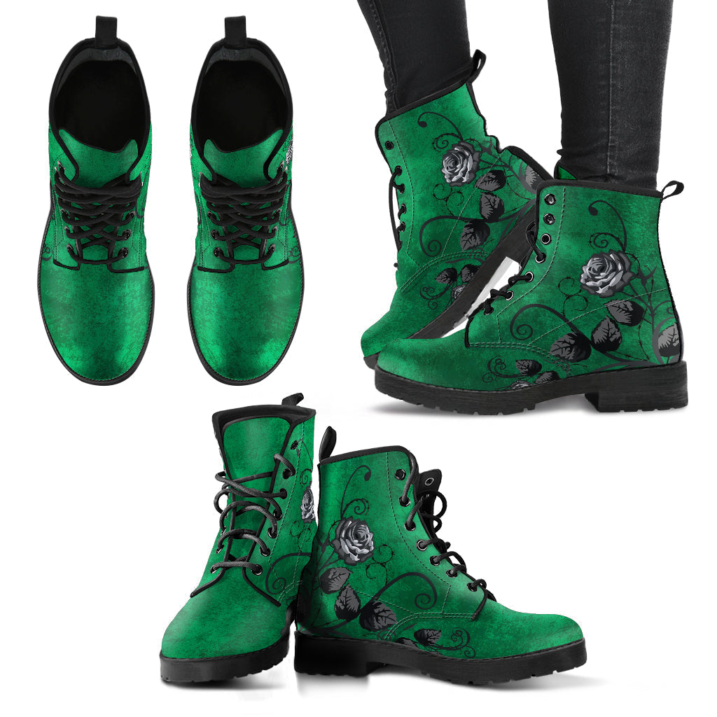 Combat Boots - Gray Roses Grunge Green | Cruelty-free Vegan