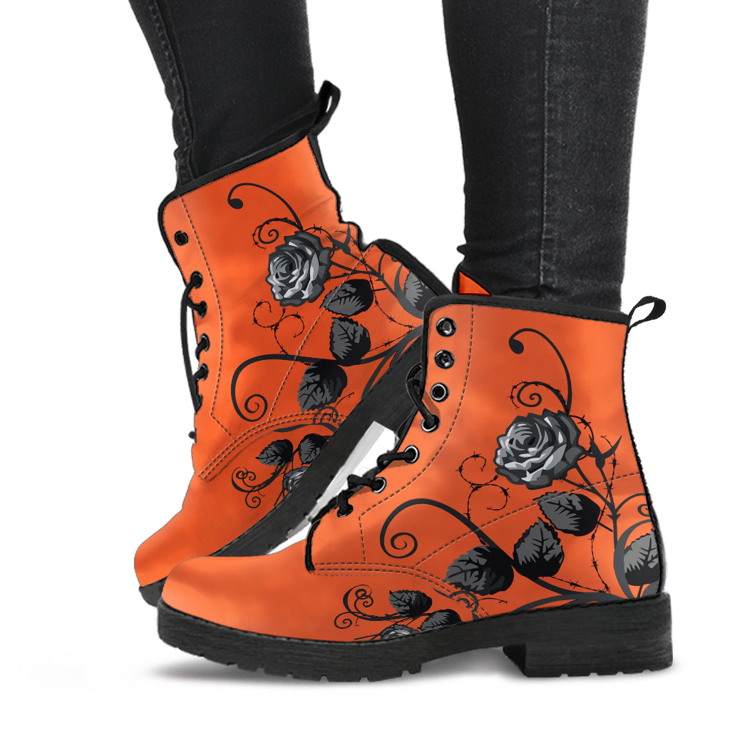 Combat Boots - Gray Roses Orange Color | Cruelty-free Vegan