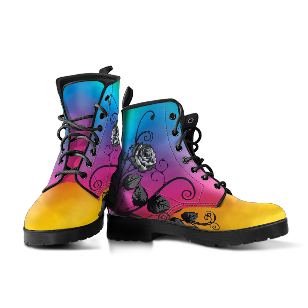 Combat Boots - Gray Roses Rainbow Color | Cruelty-free