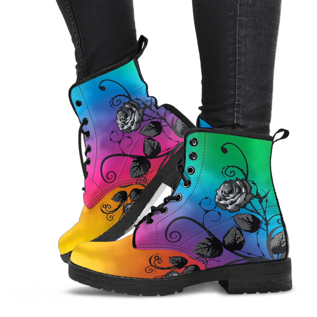 Combat Boots - Gray Roses Rainbow Color | Cruelty-free