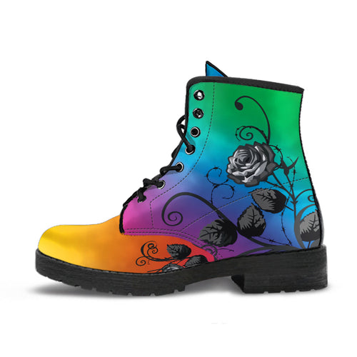Combat Boots - Gray Roses Rainbow Color | Cruelty-free