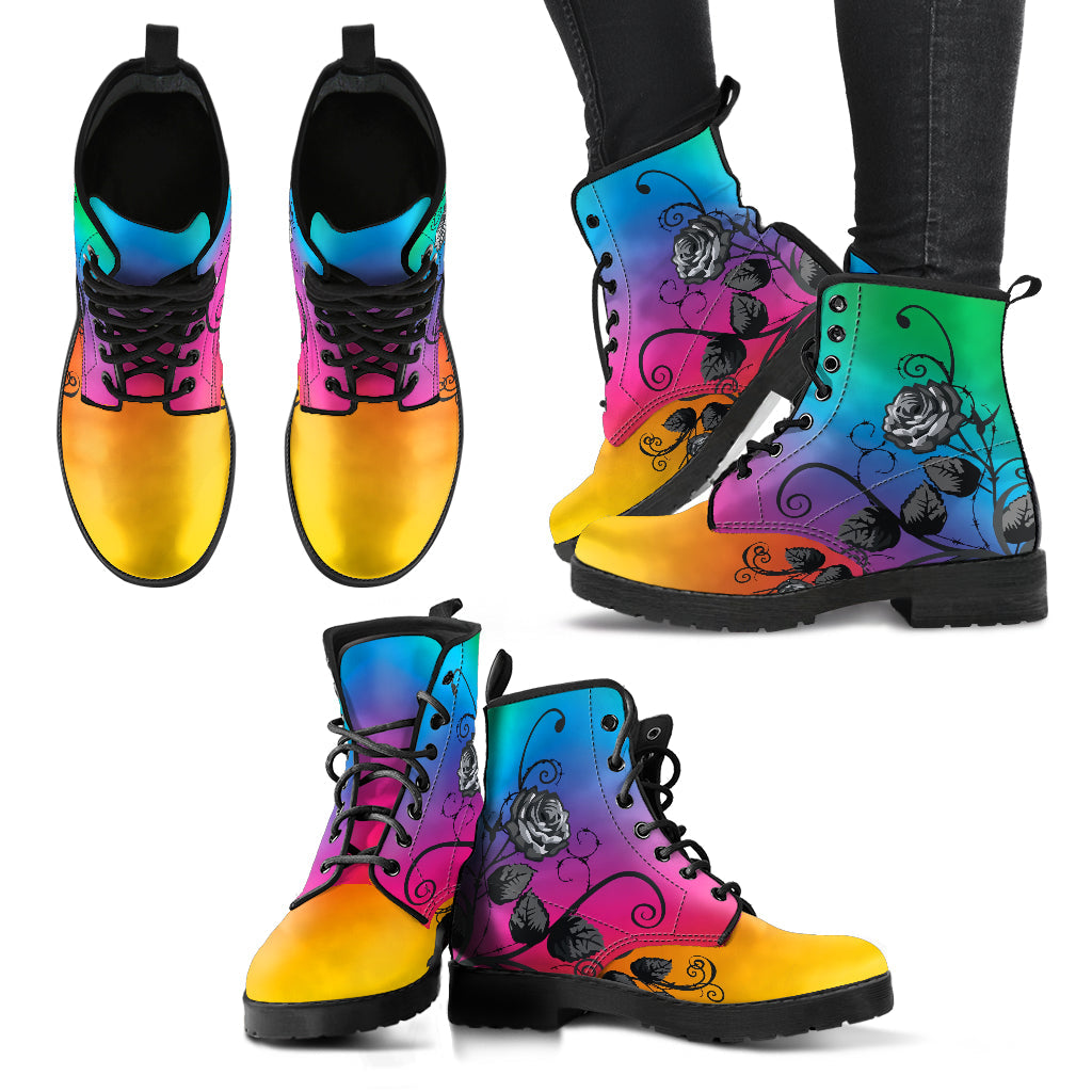 Combat Boots - Gray Roses Rainbow Color | Cruelty-free