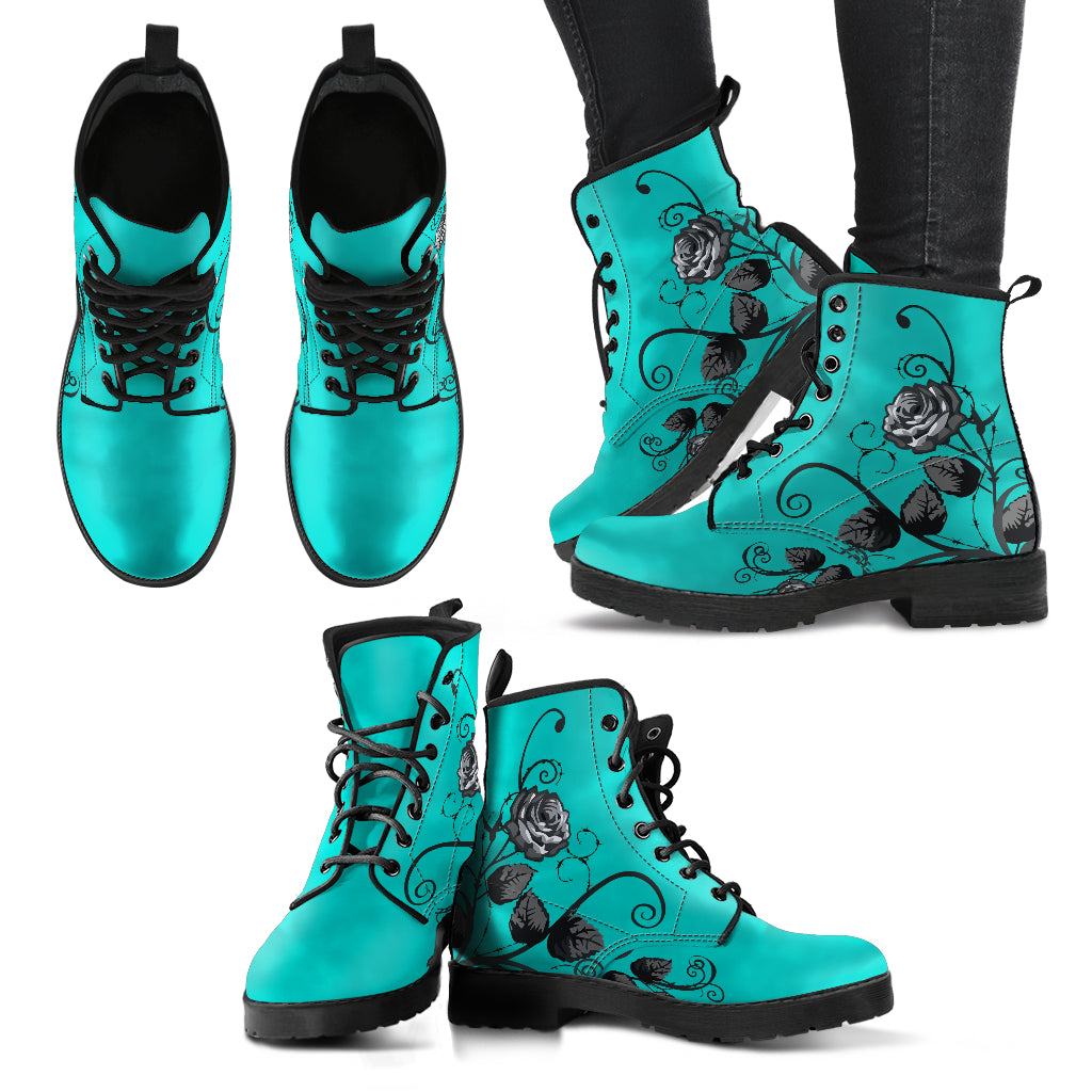 Combat Boots - Gray Roses Turquoise Color | Unique Custom