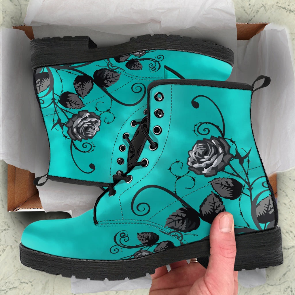Combat Boots - Gray Roses Turquoise Color | Unique Custom