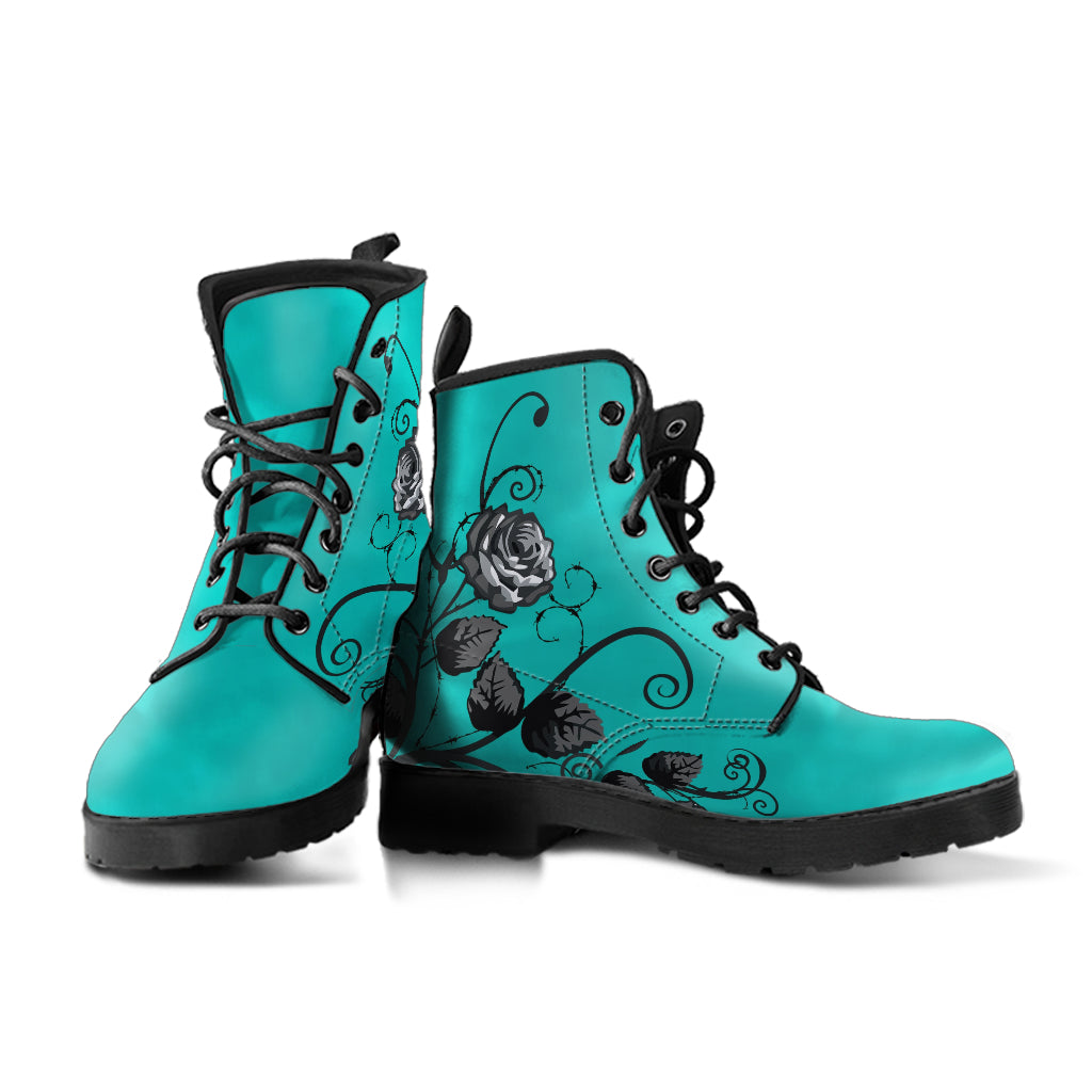 Combat Boots - Gray Roses Turquoise Color | Unique Custom