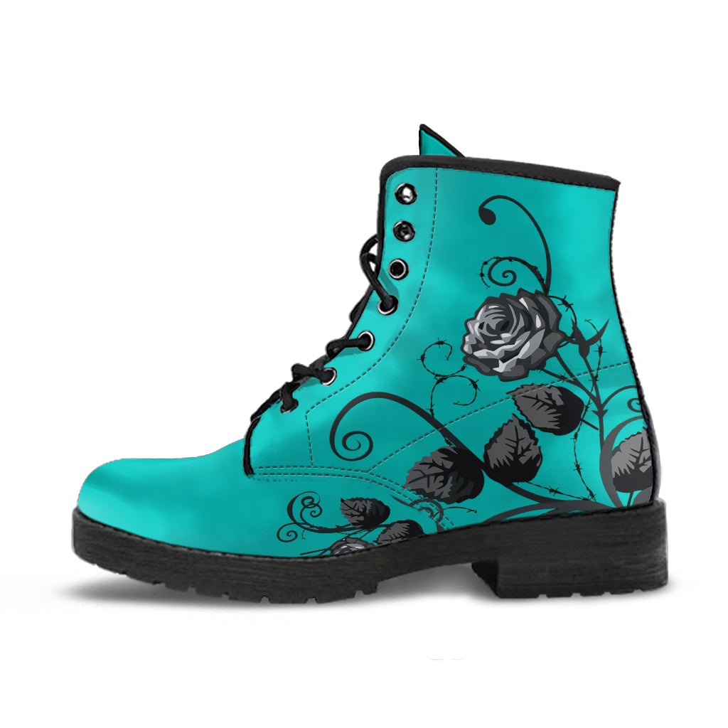 Combat Boots - Gray Roses Turquoise Color | Unique Custom