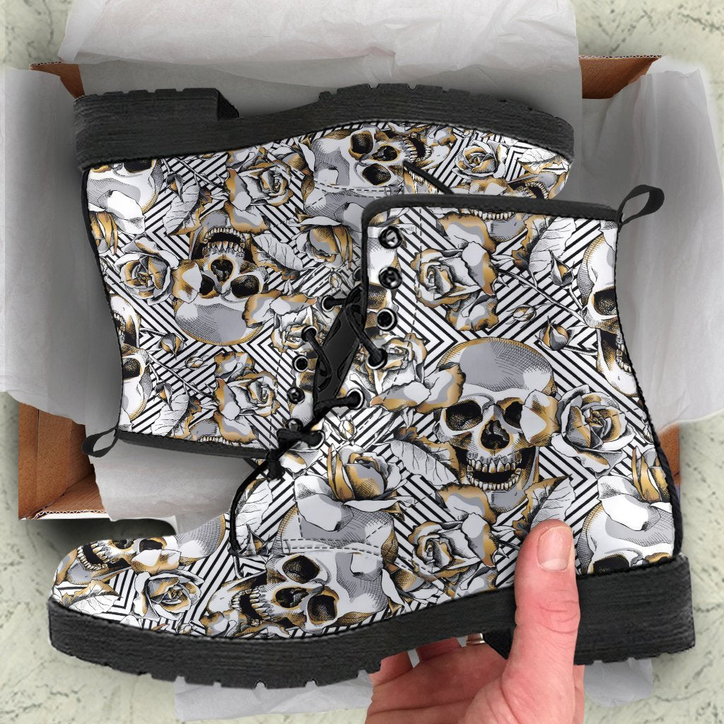 Combat Boots - Gray Skulls | Vegan Leather Lace Up Boots 